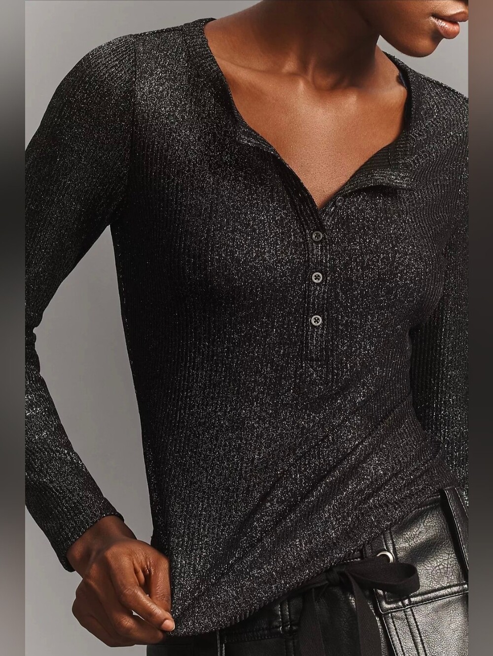Anthropologie Black Metallic Long-Sleeve Henley Top - Picture 2 of 5